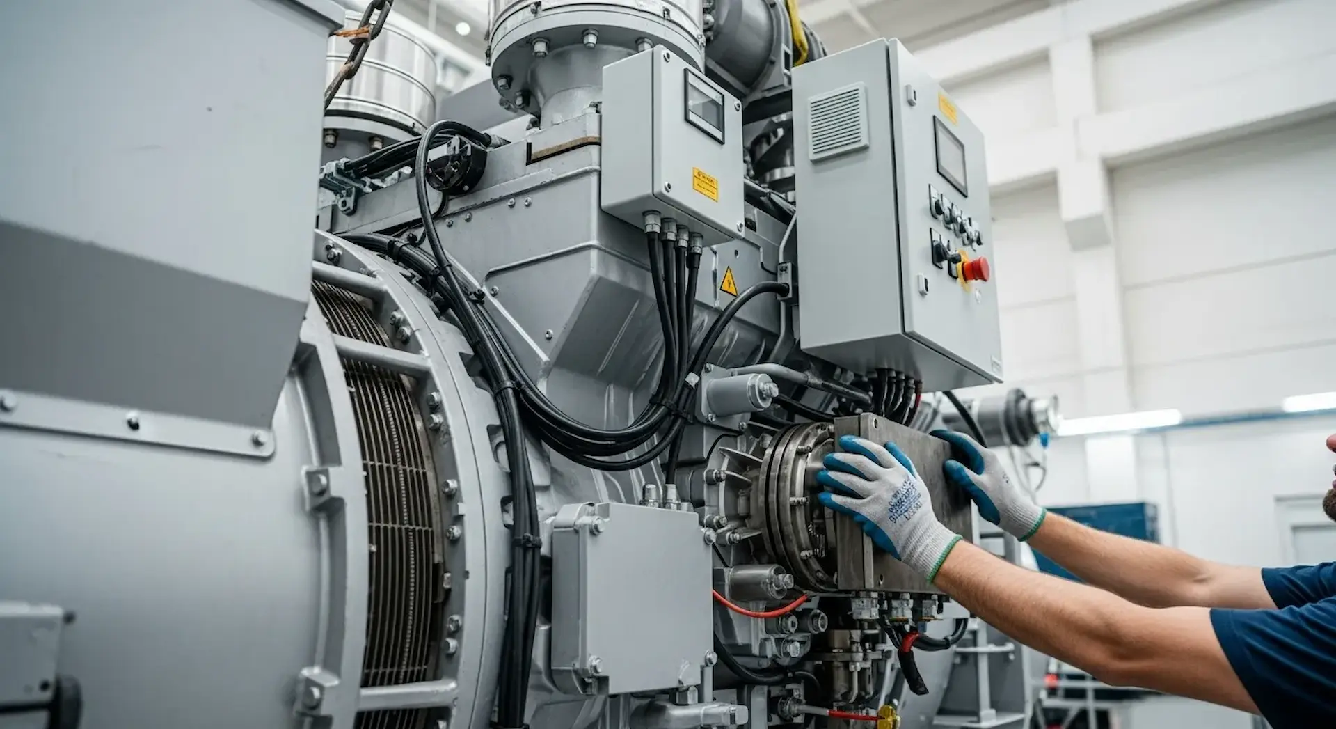 A technician performs maintenance on a large industrial machine