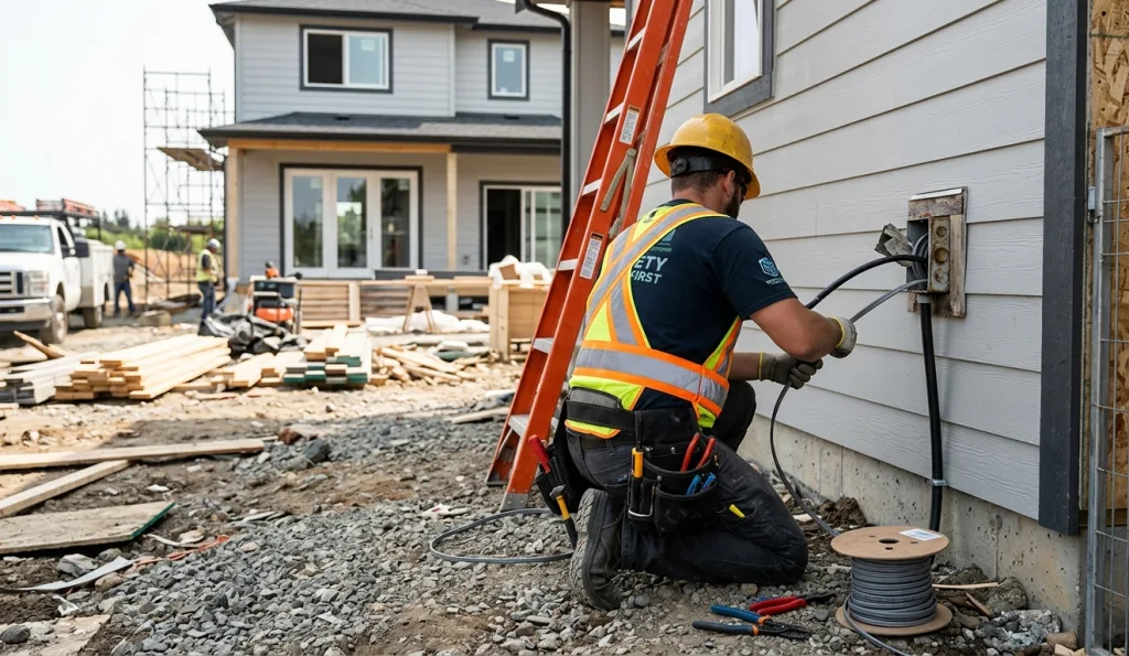 A construction worker kneels by a house, connecting wires while a ladder leans nearby